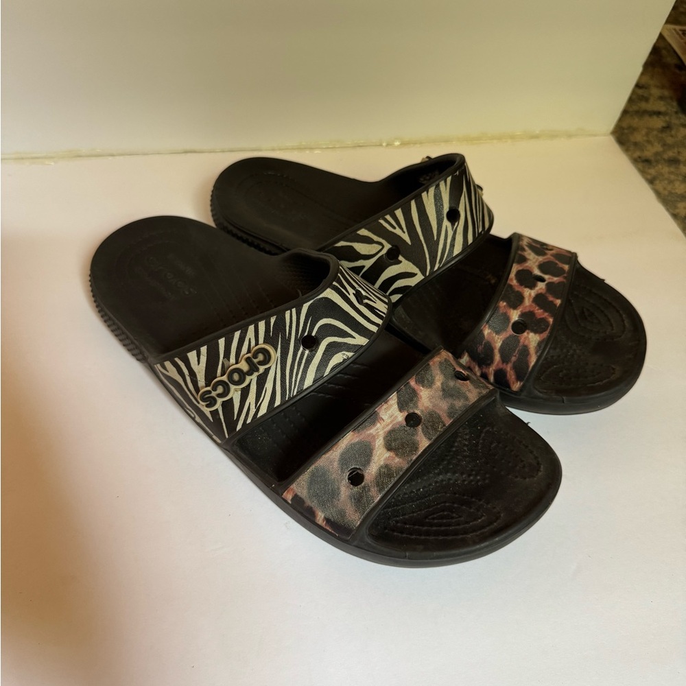 CROCS Zebra and Leopard Print Sandals size 10